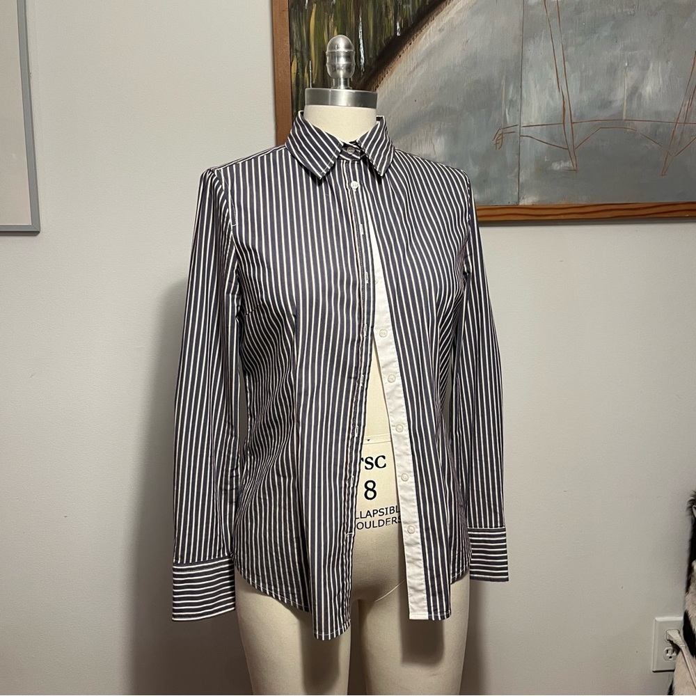 Suzy Shier Navy, White & Brown Striped Button-Up Shirt
